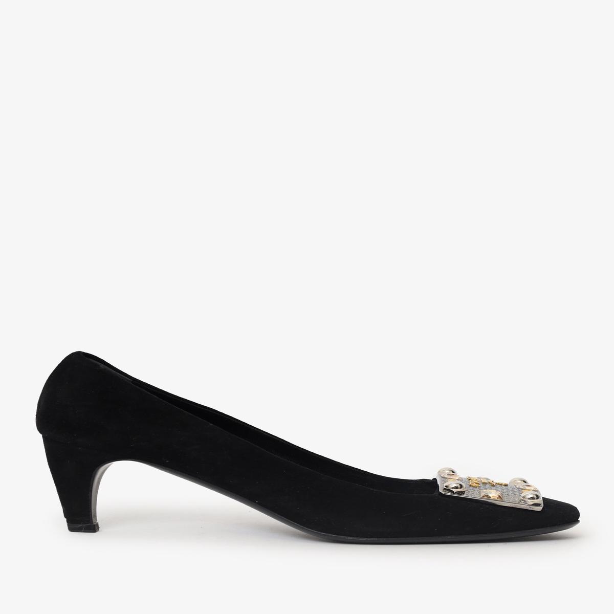 Prada Black Suede Crystal Buckle Heels Size 38.5