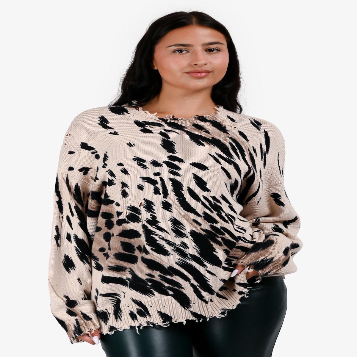 R13 Beige/Black Cheetah Printed Distressed Oversized Cotton Knit Sweater Size S