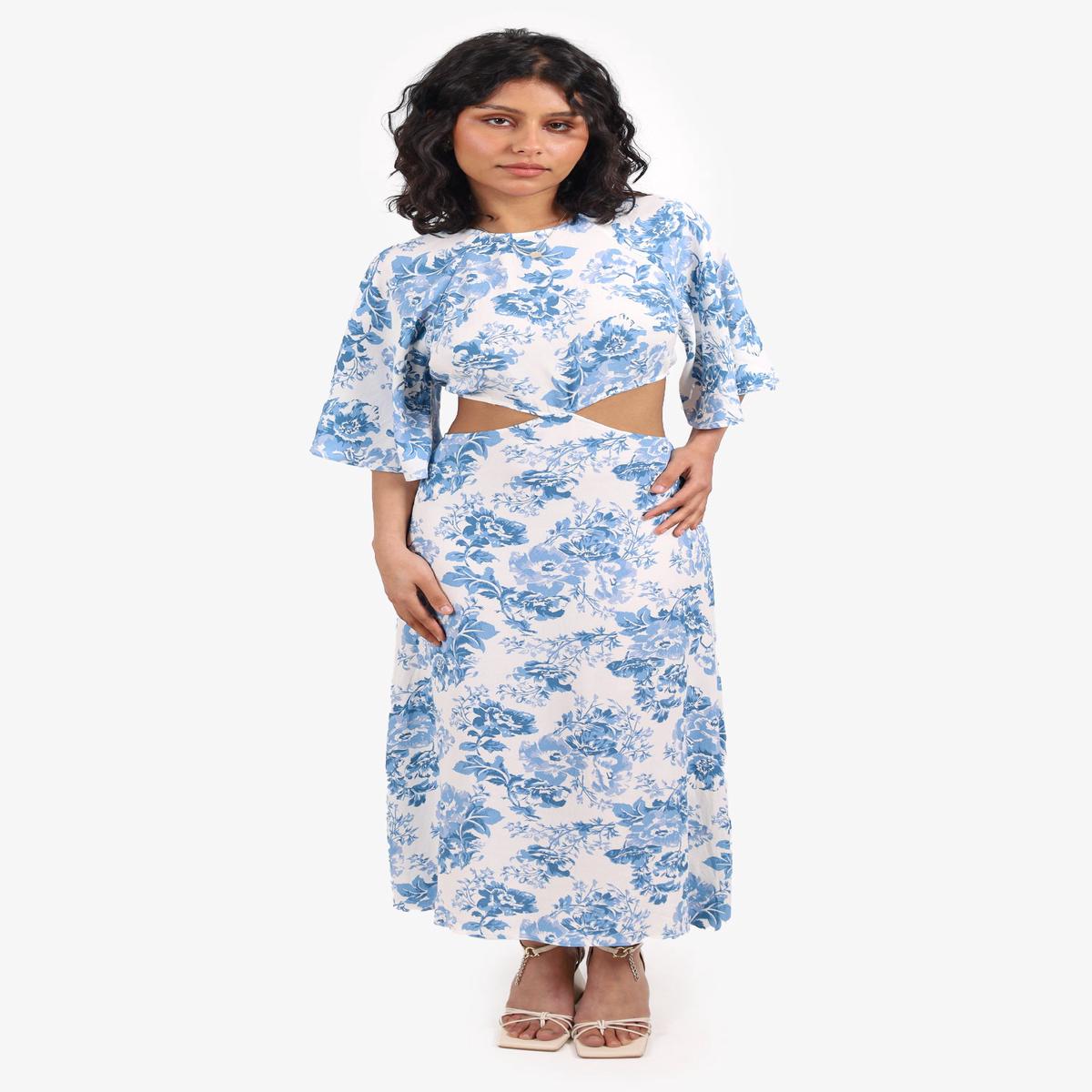 Reformation Blue/White Floral Cut Out Midi Dress Size 0