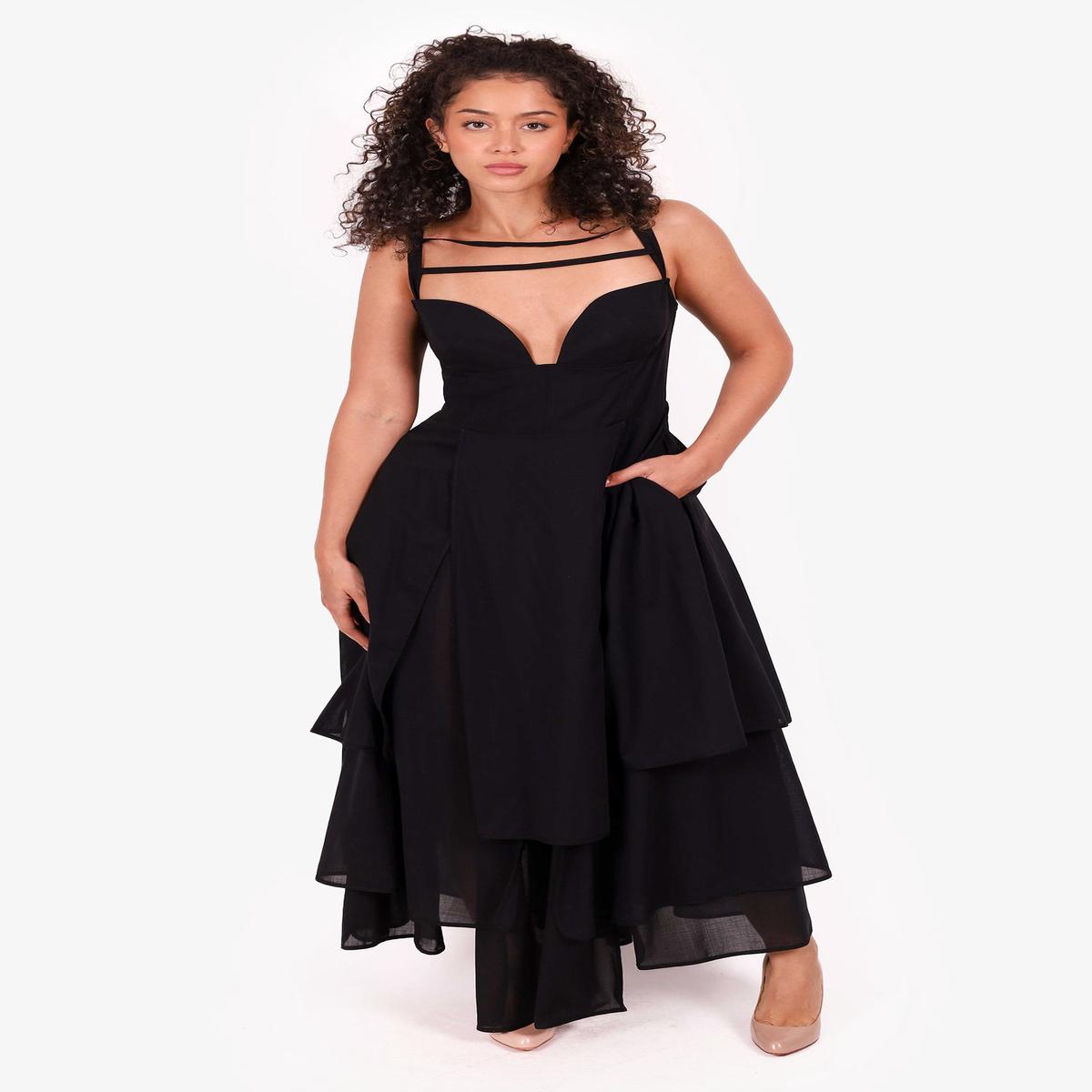 A.W.A.K.E. Mode Black Wool Sweetheart Neckline Panelled Midi Dress Size 42