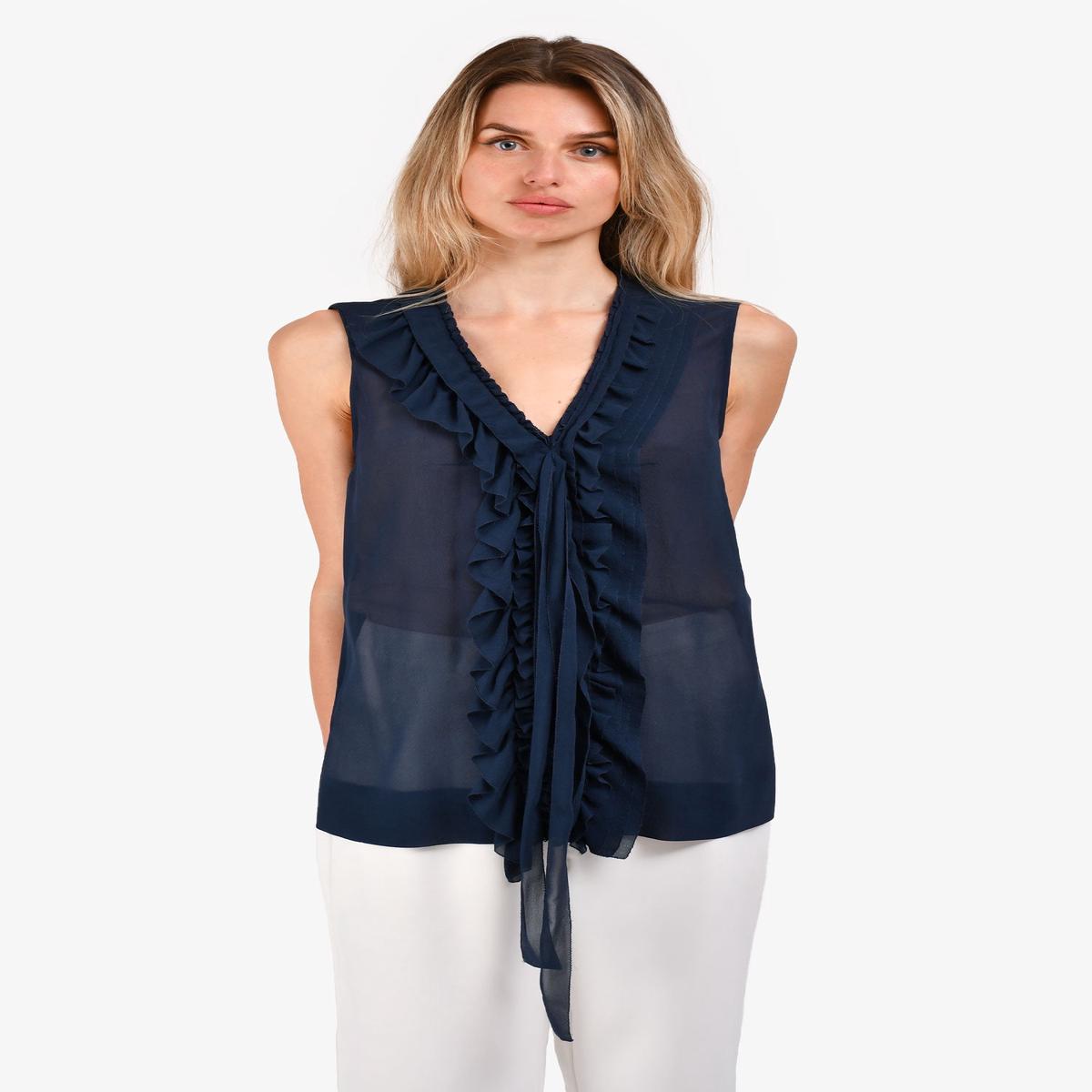 Blumarine Navy Silk Ruffle Detail Short Sleeves Top Size 42