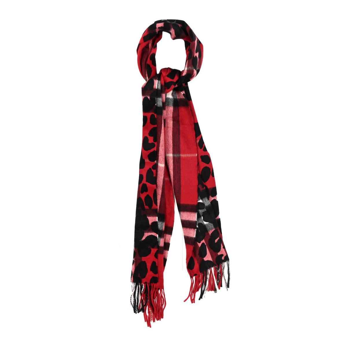 Cashmere Giant Check Animal Print Fringe Scarf Red