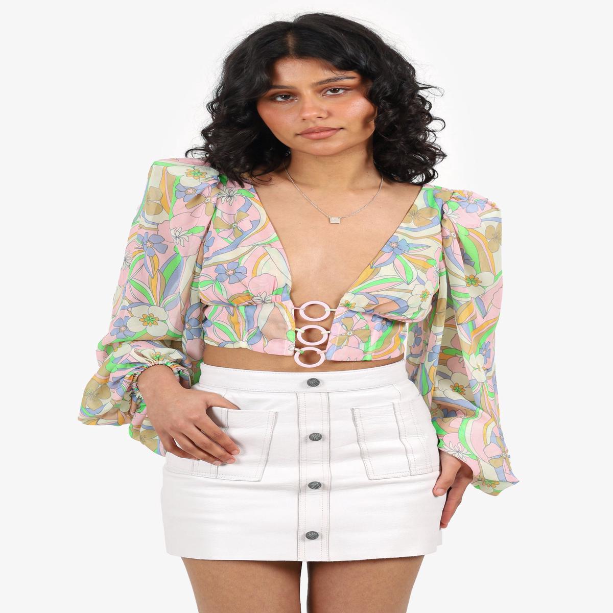 For Love & Lemons Pink/Multicolour Long Sleeve Sheer Crop Top Size S