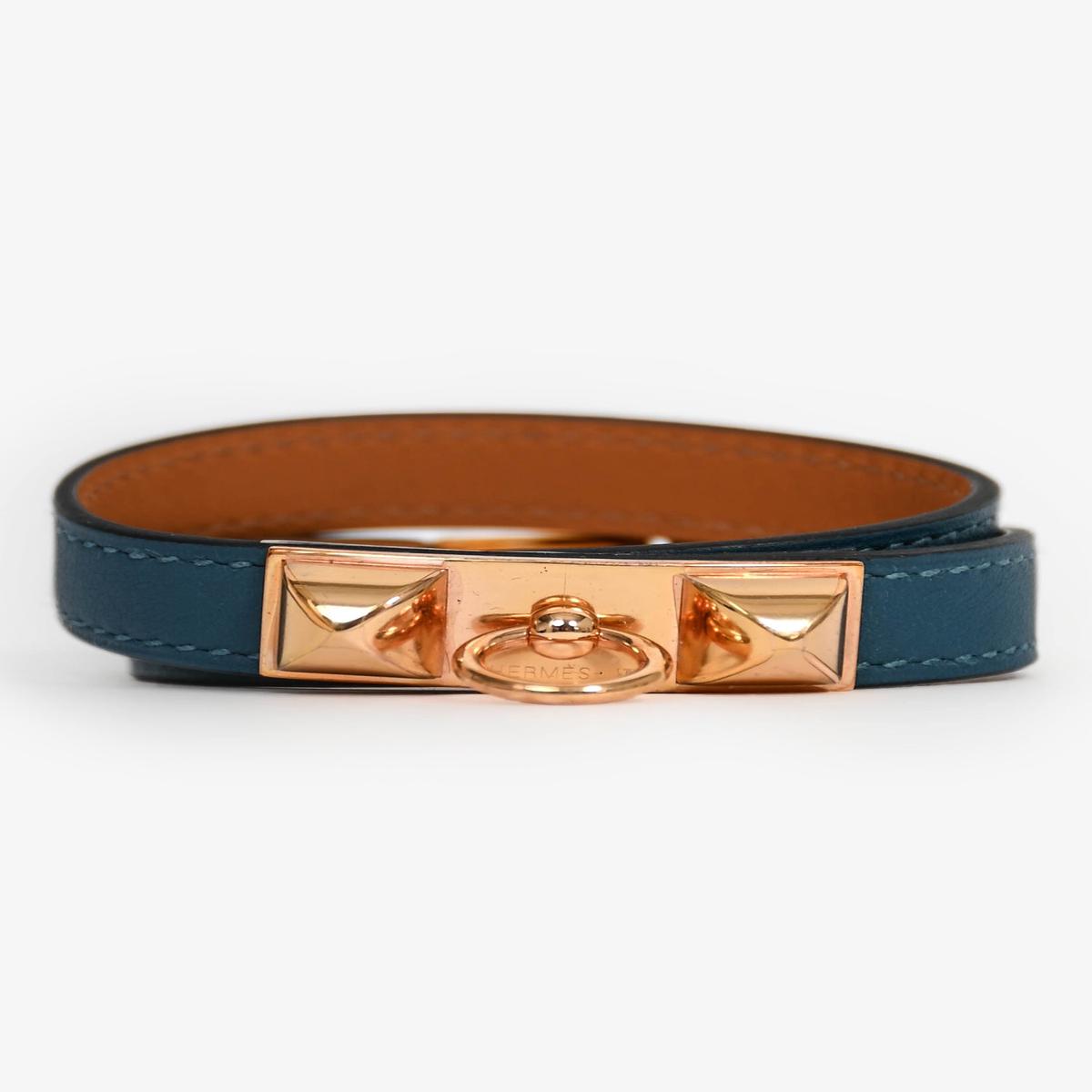 Hermes Teal Leather Chamonix Rivale Double Tour Bracelet