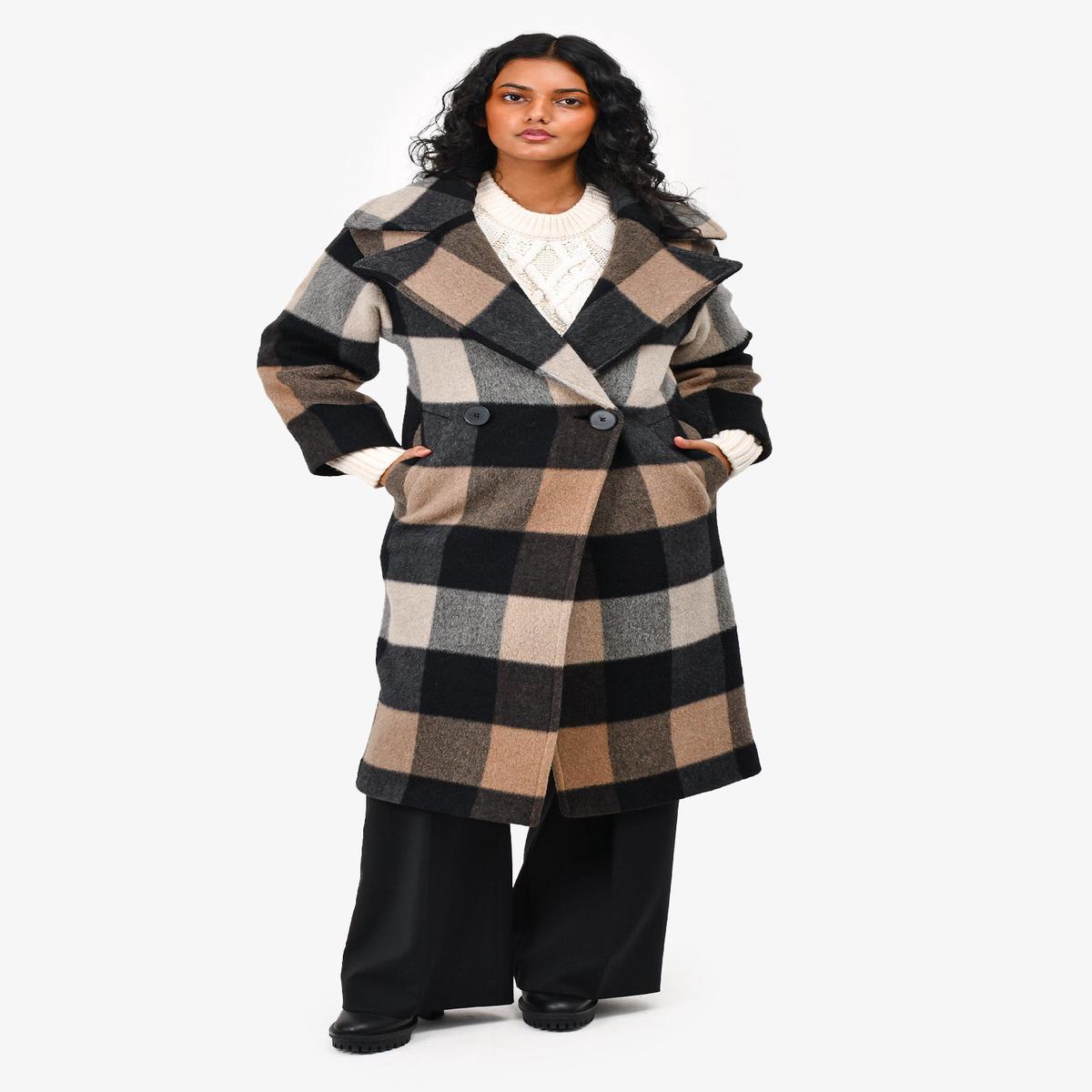 Hiso Brown/Black Check Wool/Alpaca Coat Size XXS