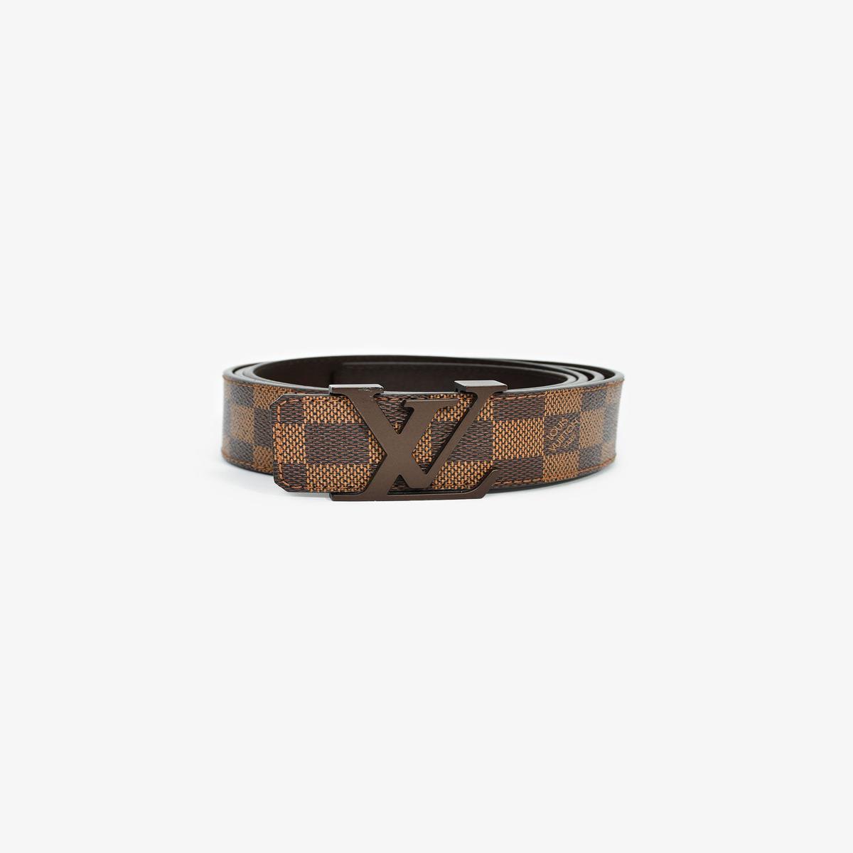 Louis Vuitton Brown Leather Damier Ebene Logo Buckle Belt Size 44