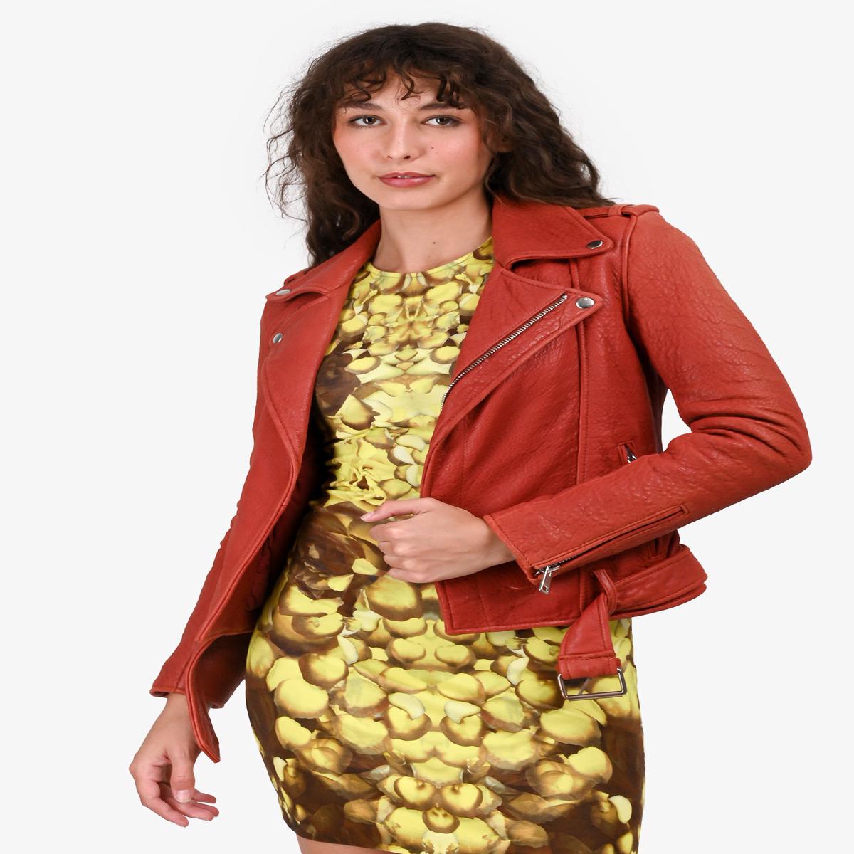 Maje Rust Orange Leather Moto Jacket With Belt Size 36