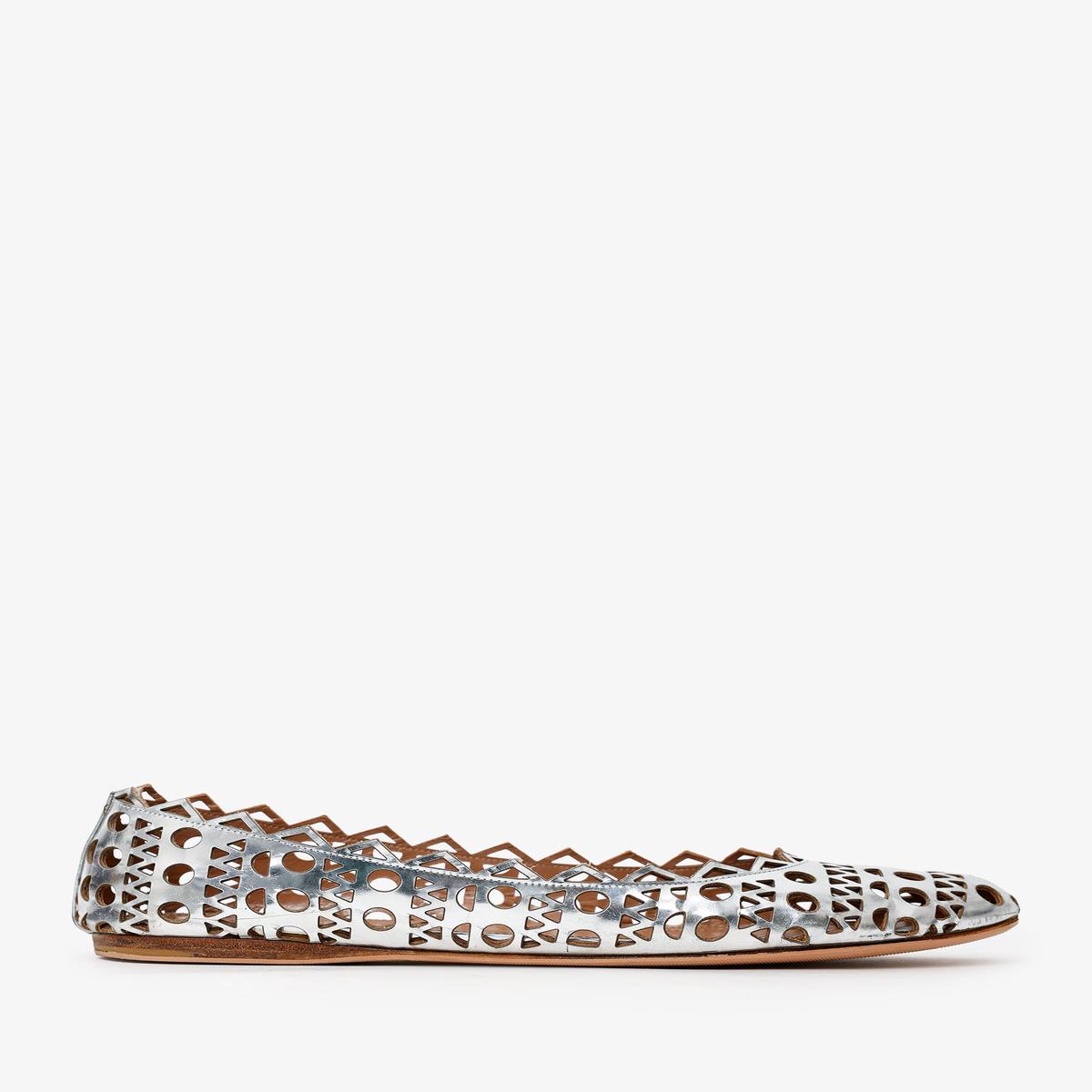 Alaia Silver Metallic Laser Cut Leather Ballet Flats Estimated Size 40