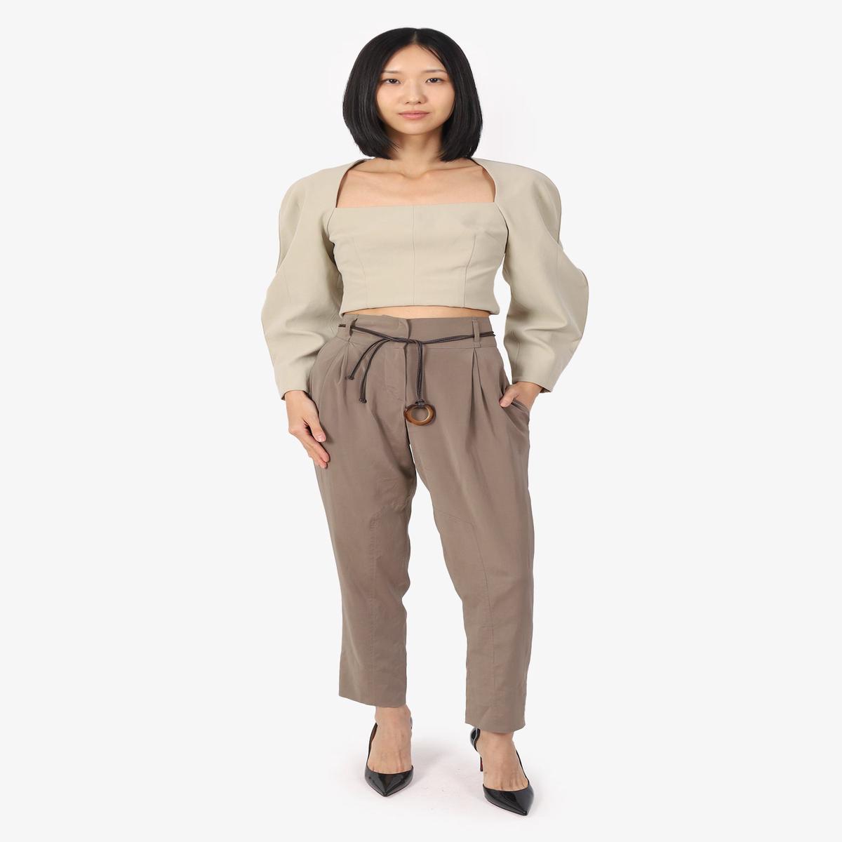 Brunello Cucinelli Beige Silk Straight Leg Trousers With Leather Belt Size 6