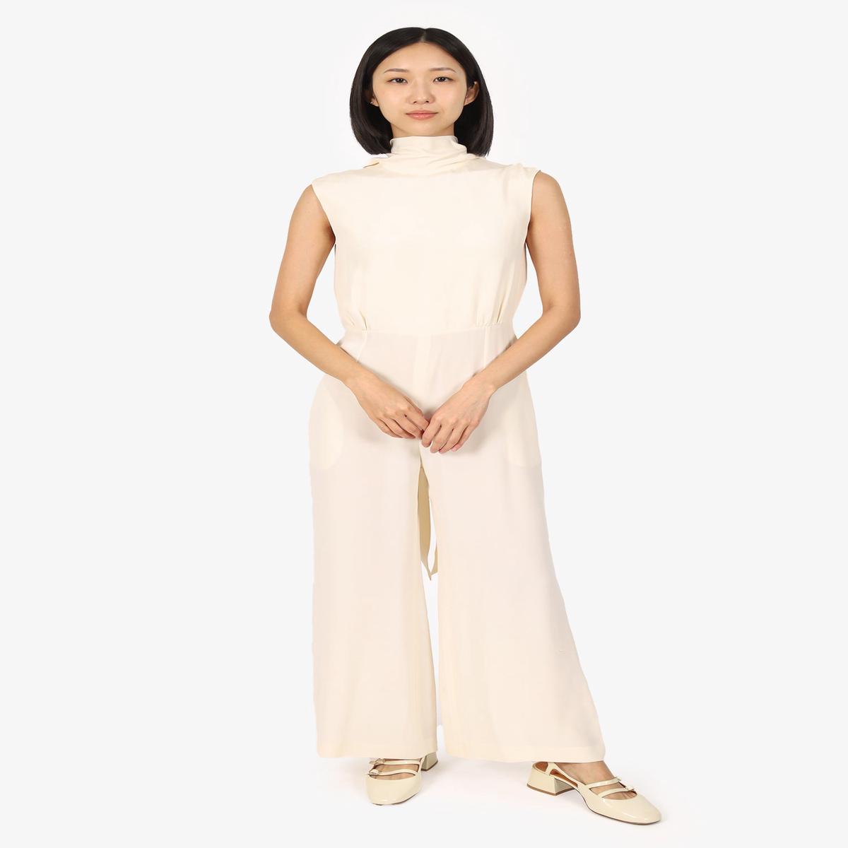 Celine Cream Silk Sleeveless Jumpsuit With Tie Detail Size 38