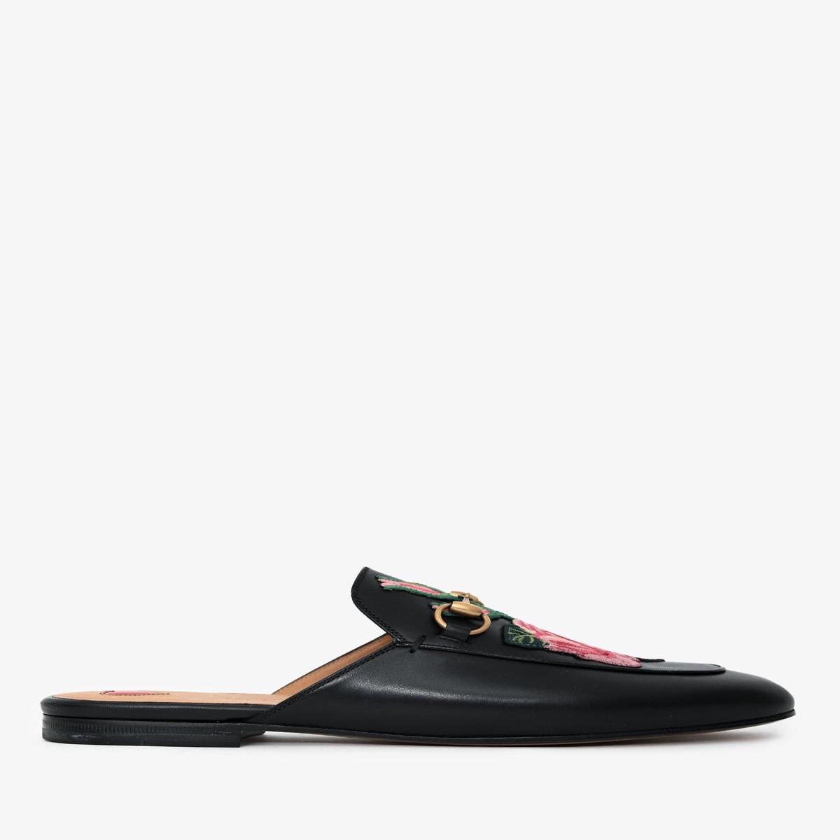 Gucci Black Leather Floral Embroidered Princeton Mules Size 37