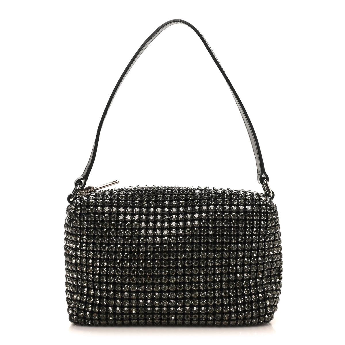 Mesh Crystal Rhinestone Medium Heiress Pouch Black Silver