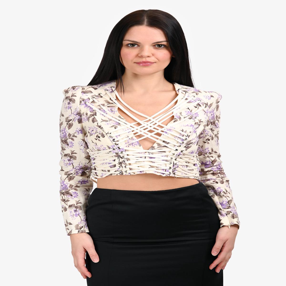 Zimmermann Beige/Purple Floral Print Corset Long Sleeve Cropped Top Size M