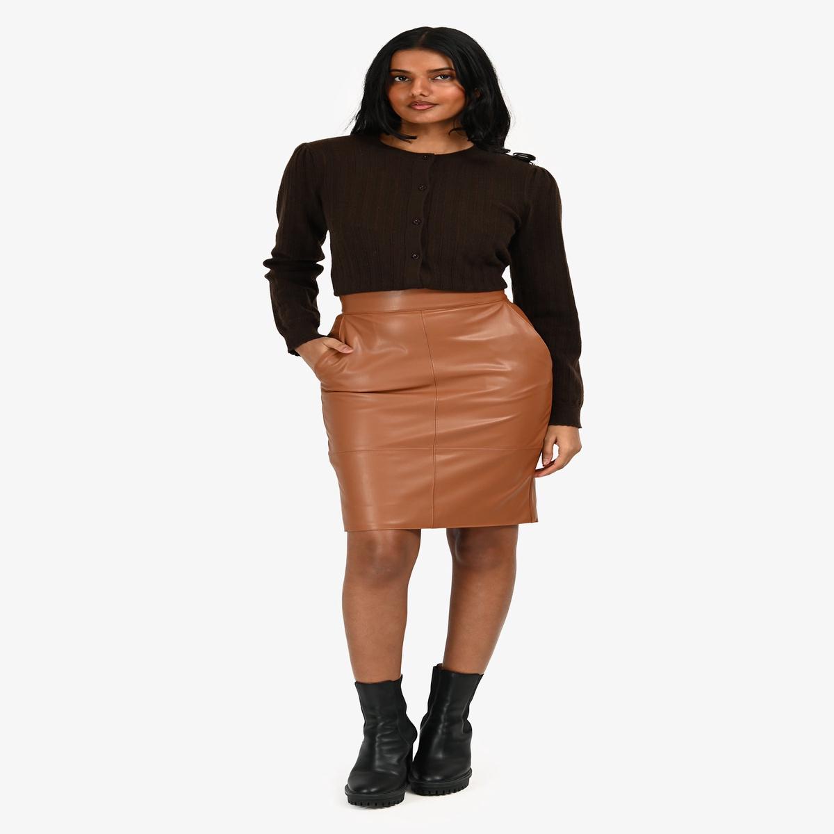 Elisabetta Franchi Brown Faux Leather Midi Skirt with Jewel Clasps Estimated Size XS