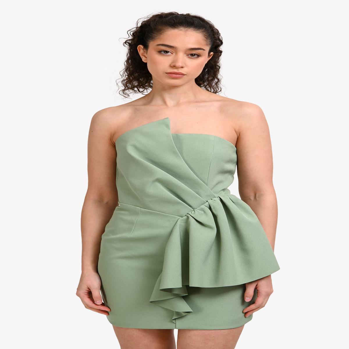 Elliatt Sage Green Ruffle Detail Strapless 'Zelba' Mini Dress Size S