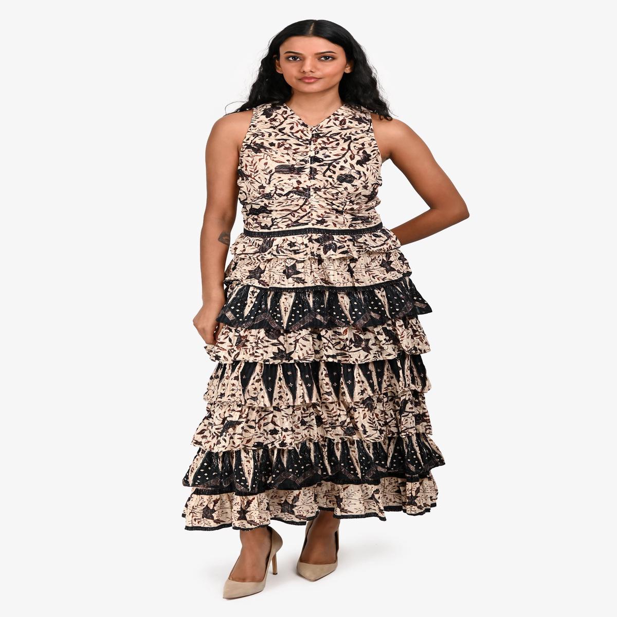 Ulla Johnson Cotton Cream/Navy Ruffled Tiered Maxi Dress Size 4