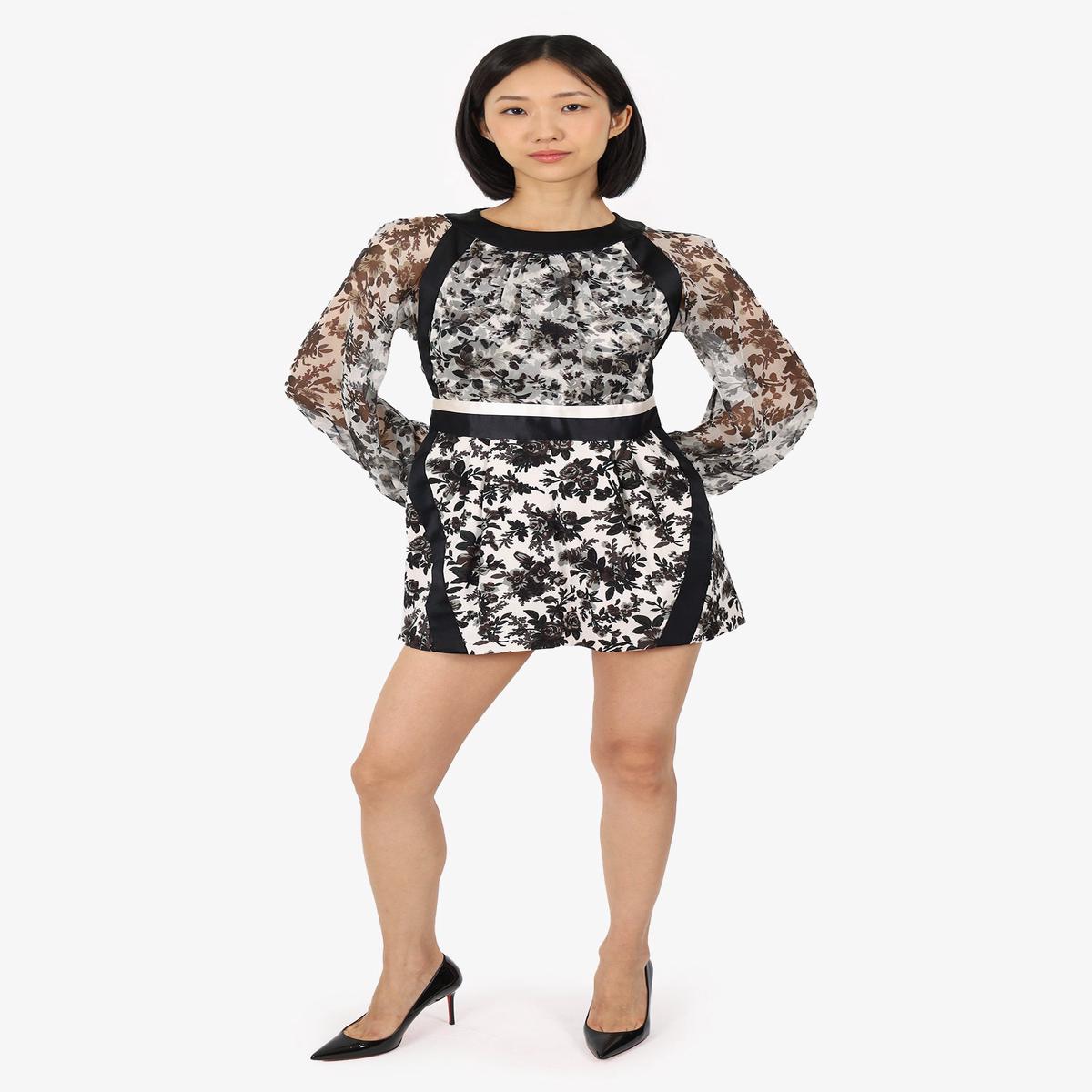 Balenciaga Black/White Silk Floral Print Long Sleeve Midi Dress Size 38