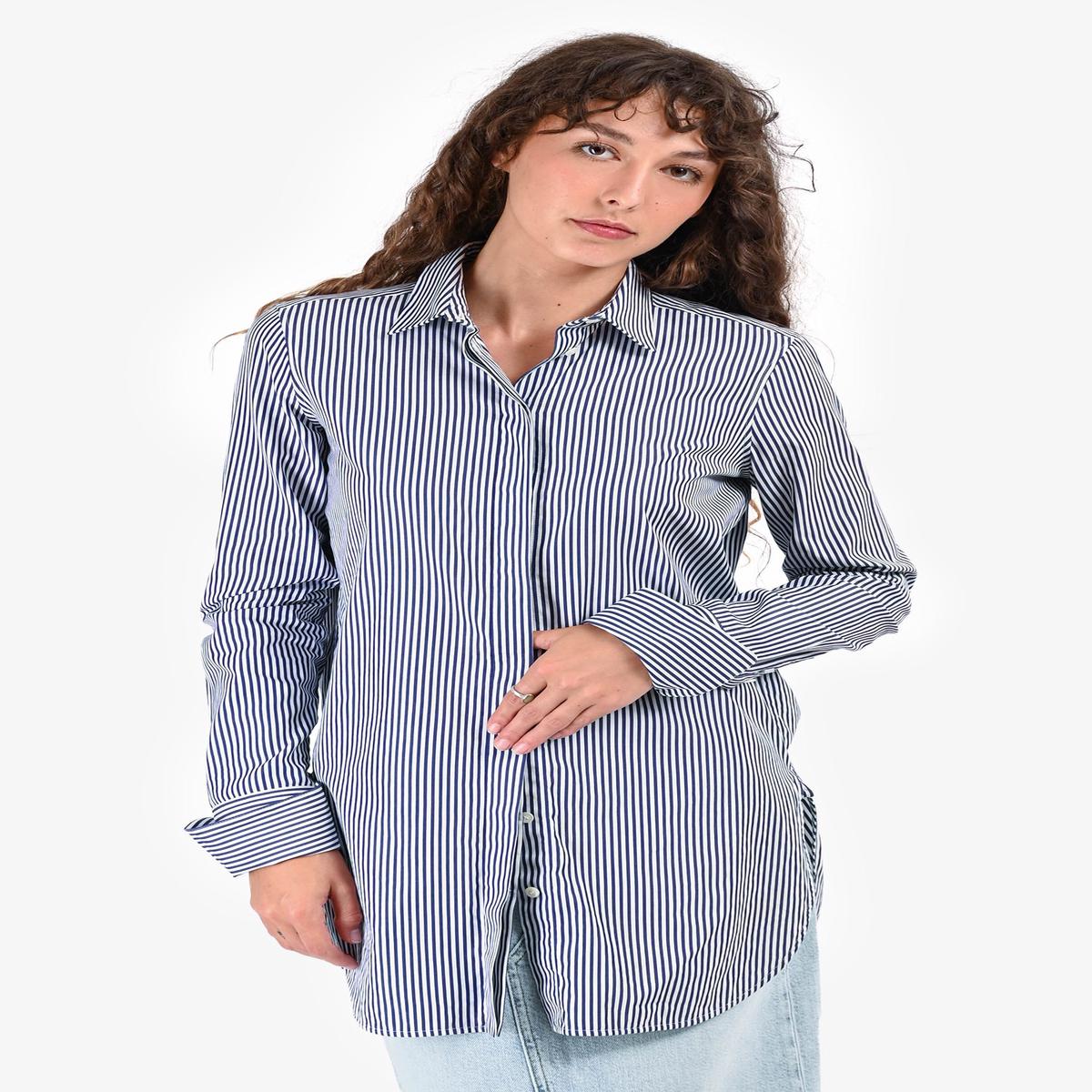 Celine White/Blue Striped Button Down Collared Shirt Dress Size 38
