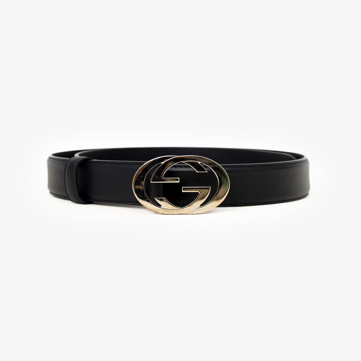 Gucci Black Leather Interlocking G Buckle Belt Size 75/30