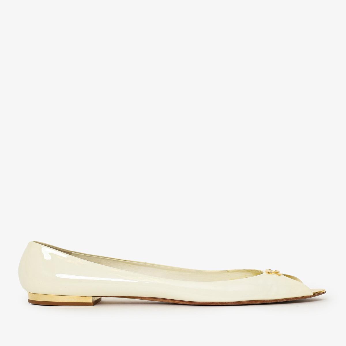 Pre-Loved Chanel Cream Patent Leather CC Peep-Toe Flats Size 35.5