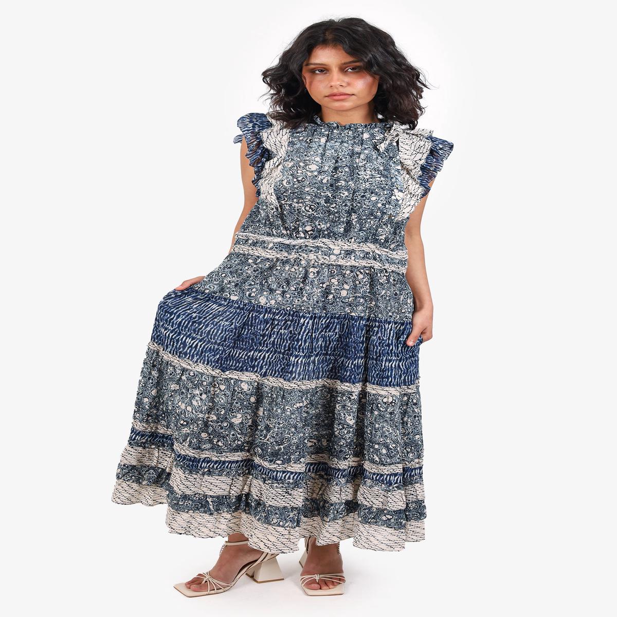 Ulla Johnson Blue/Cream Printed Ruffle Midi Dress Size 12