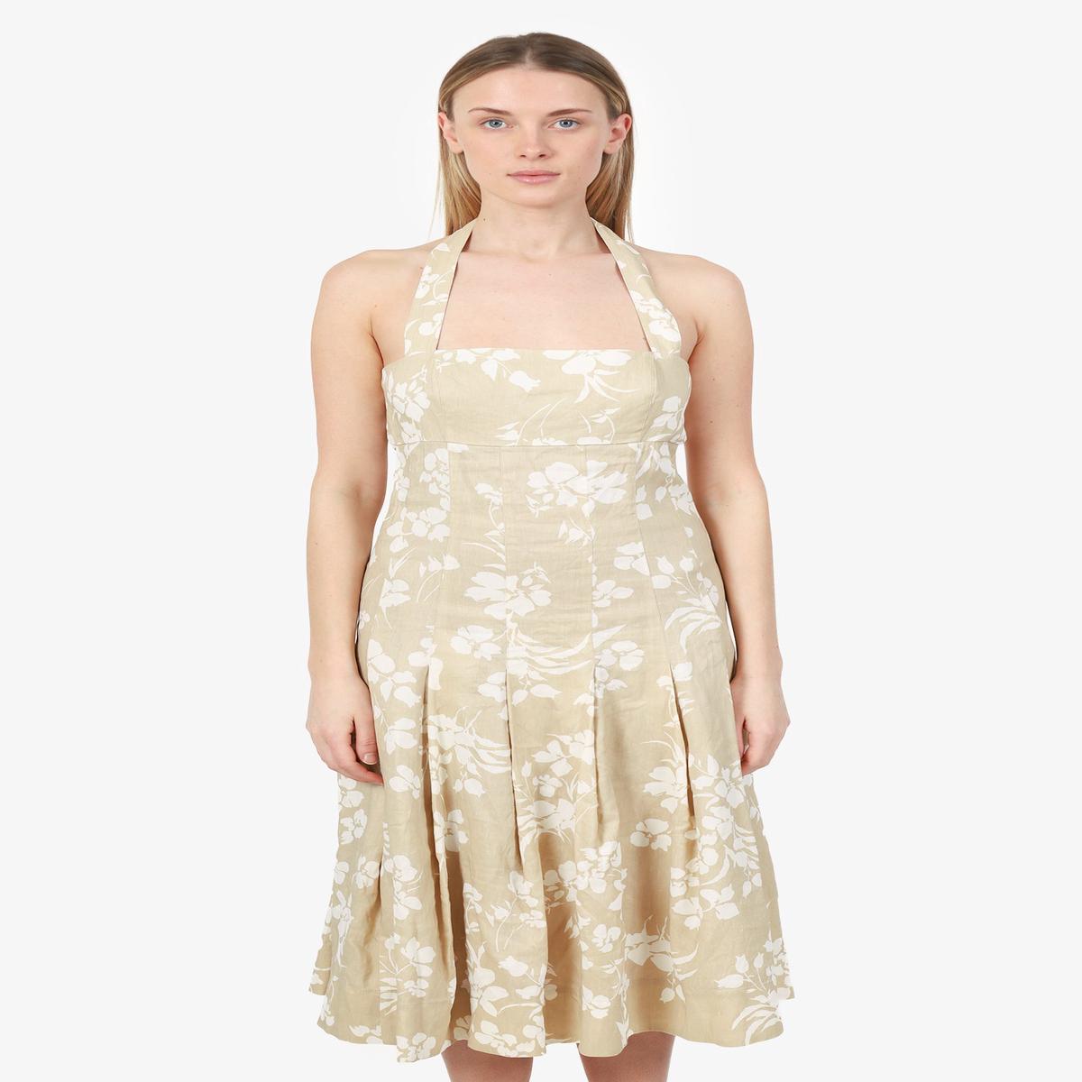 Veronica Beard Beige/White Floral Linen Midi Halter Dress Size 6