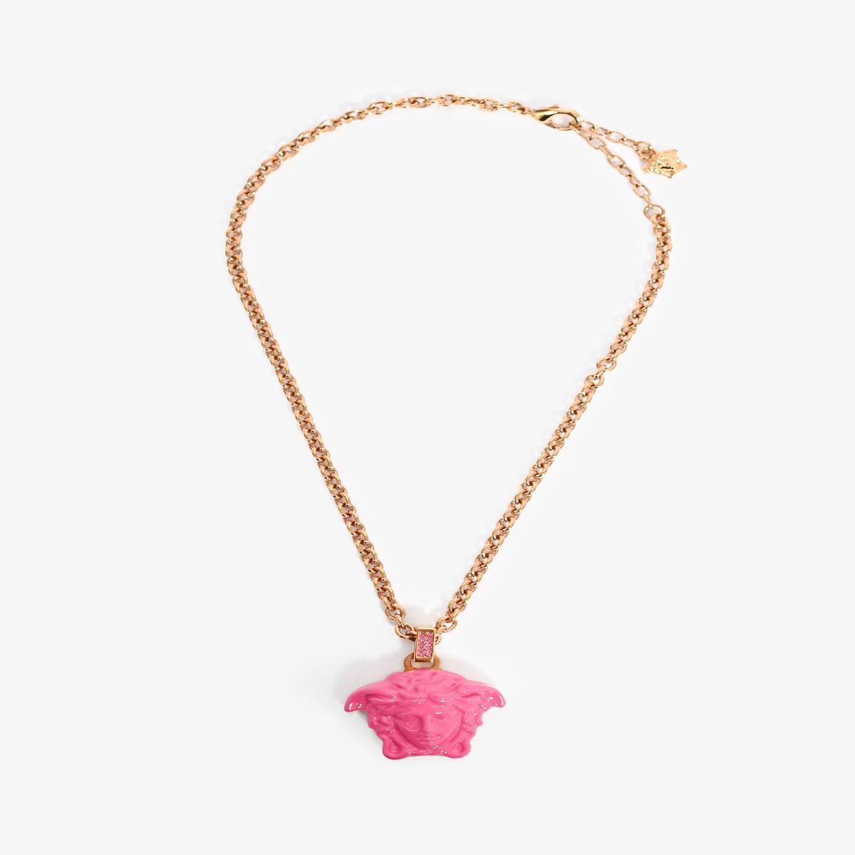 Versace Pink/Gold Tone Medusa Pendant Necklace