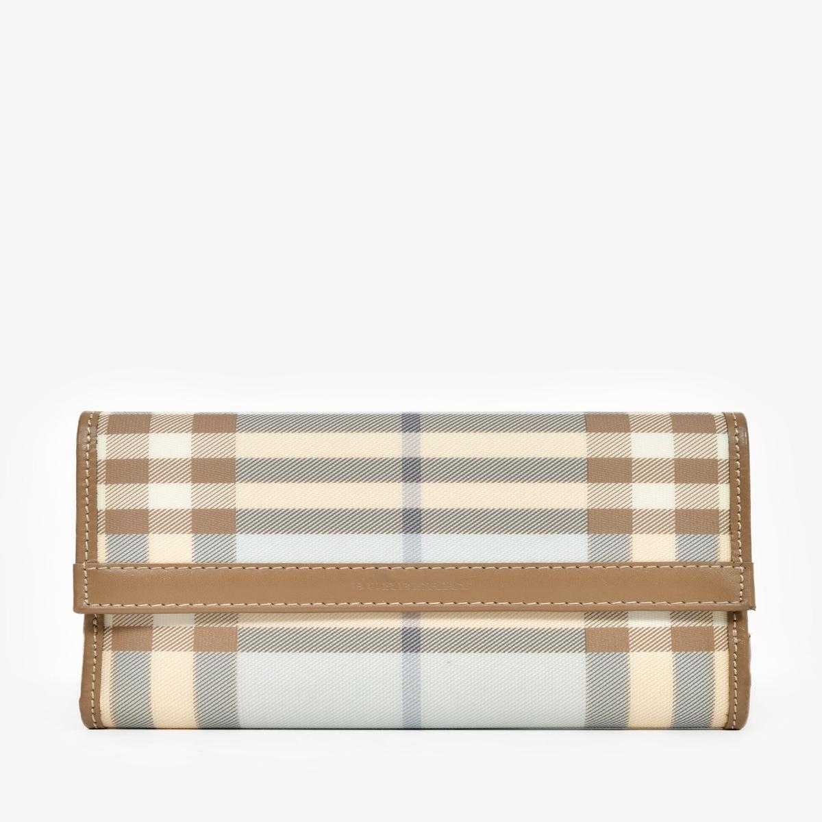 Burberry London Brown/Blue Coated Canvas Nova Check Compact Wallet