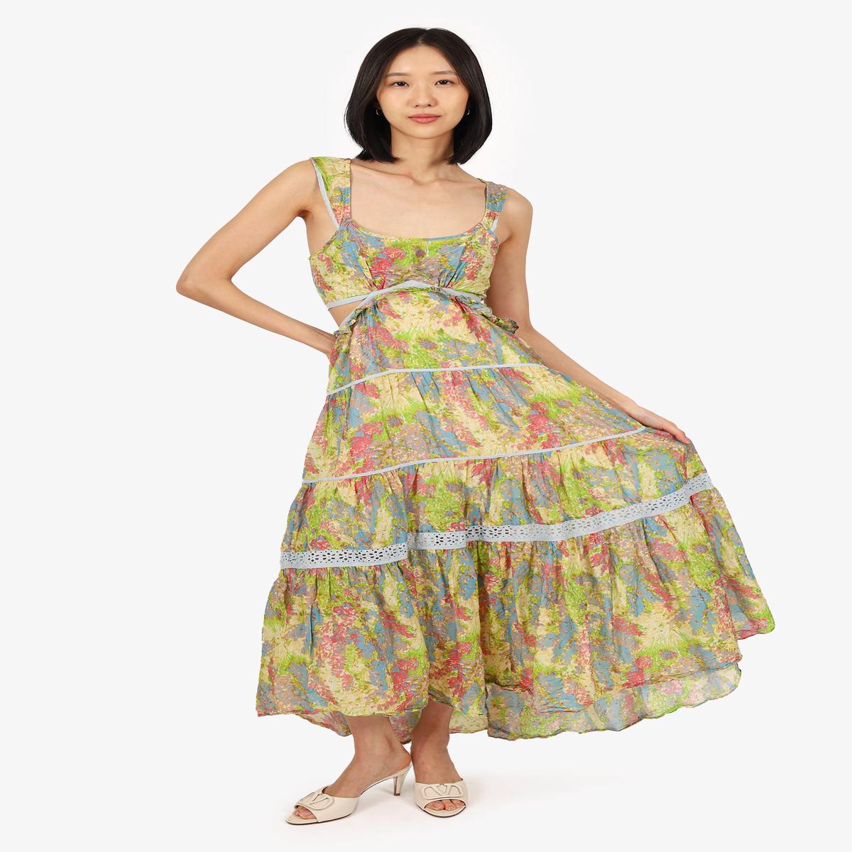 LoveShackFancy Multicolour Floral Print Tiered Flared Maxi Dress Size S