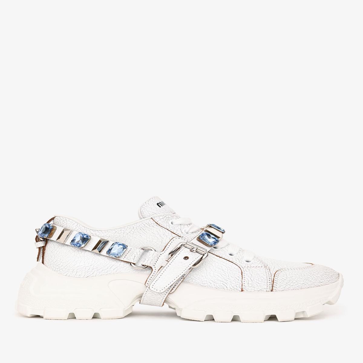 Miu Miu White Crinkled Leather Jewel Embellished Sneakers Size 36.5