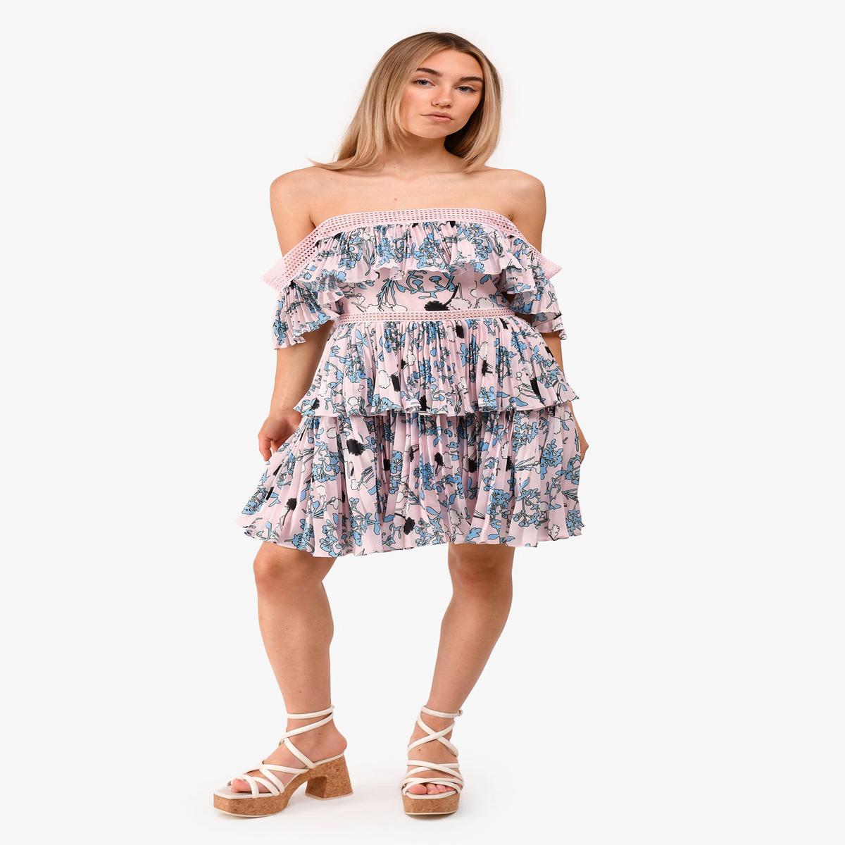 Self-Portrait Pink/Blue Pleated Layered Off-Shoulder Dress Size 4