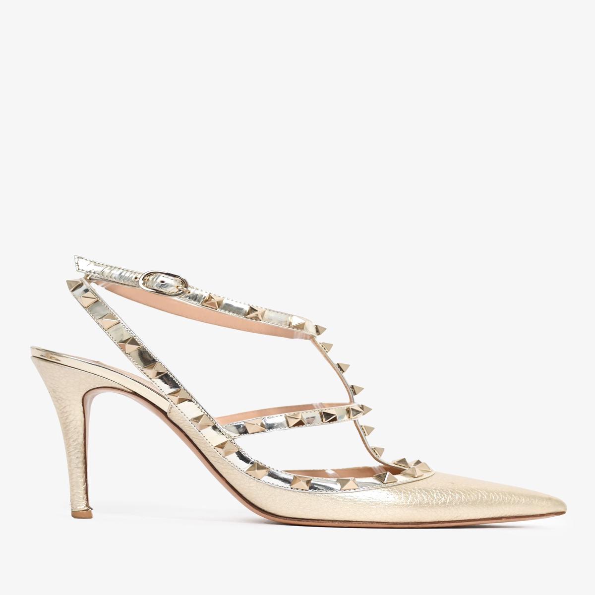 Valentino Gold Grained Leather Rockstud Cage Heels Size 40 (As Is)