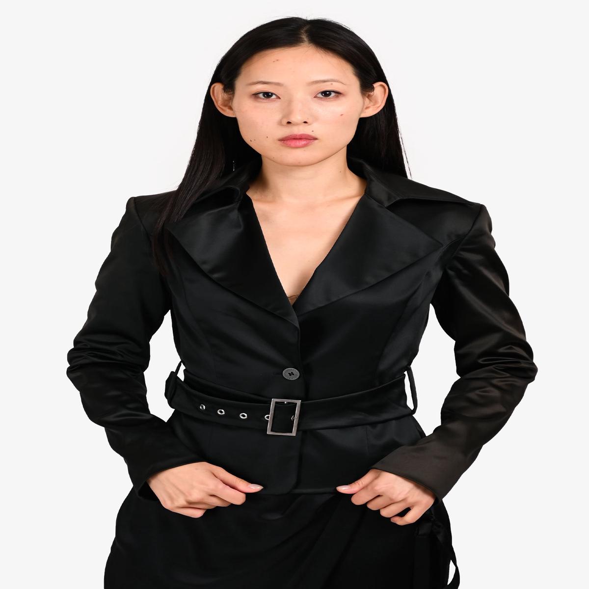 Versace Jeans Couture Black Satin Belted Blazer Size 42