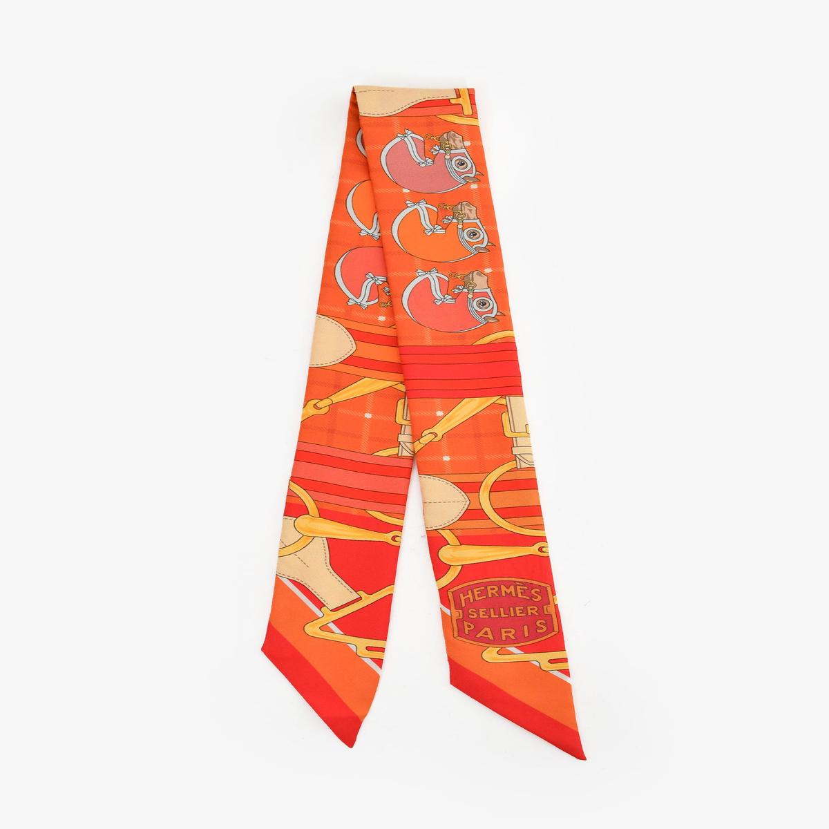Hermes Orange/Red Silk Graphic Print Twilly