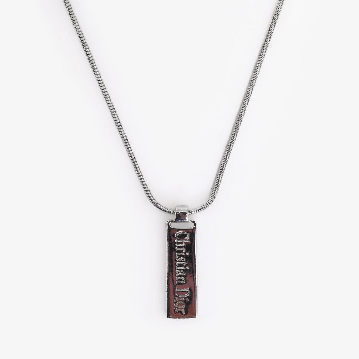Christian Dior Silver Tone Metal Logo Plaque Pendant Necklace