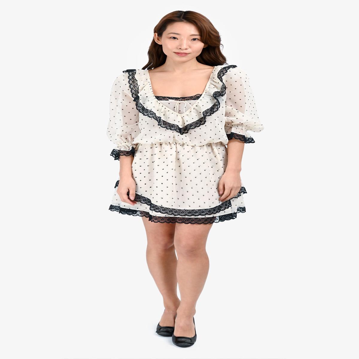 For Love & Lemons White/Black Chiffon Long Sleeve Mini Dress Size S