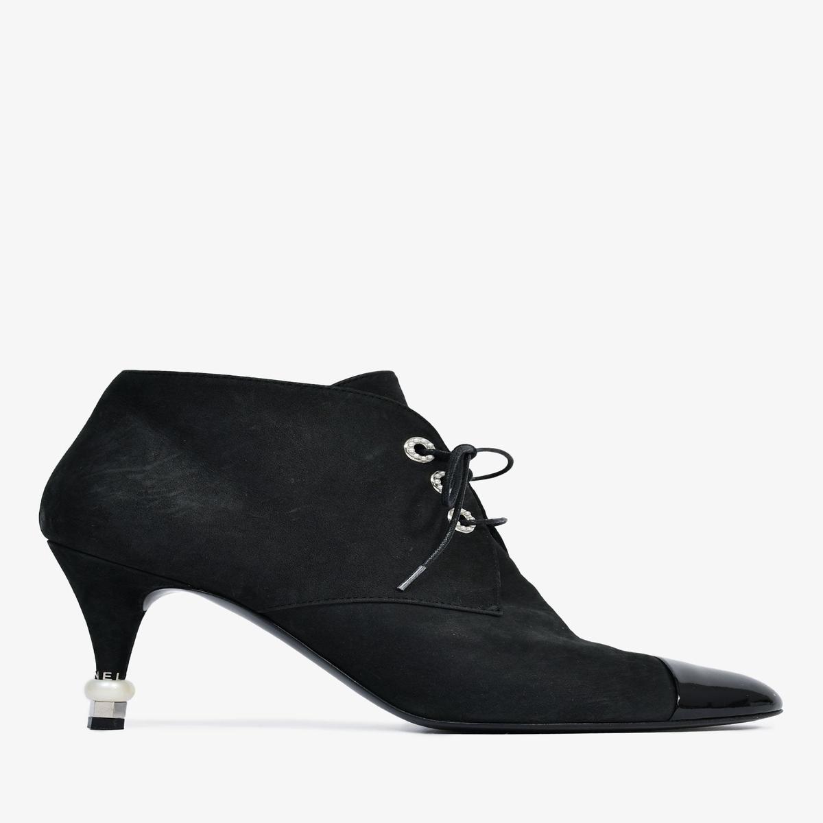 Pre-Loved Chanel Black Suede Lace Up Oxford Heeled Booties with Faux Pearl Detail Size 38