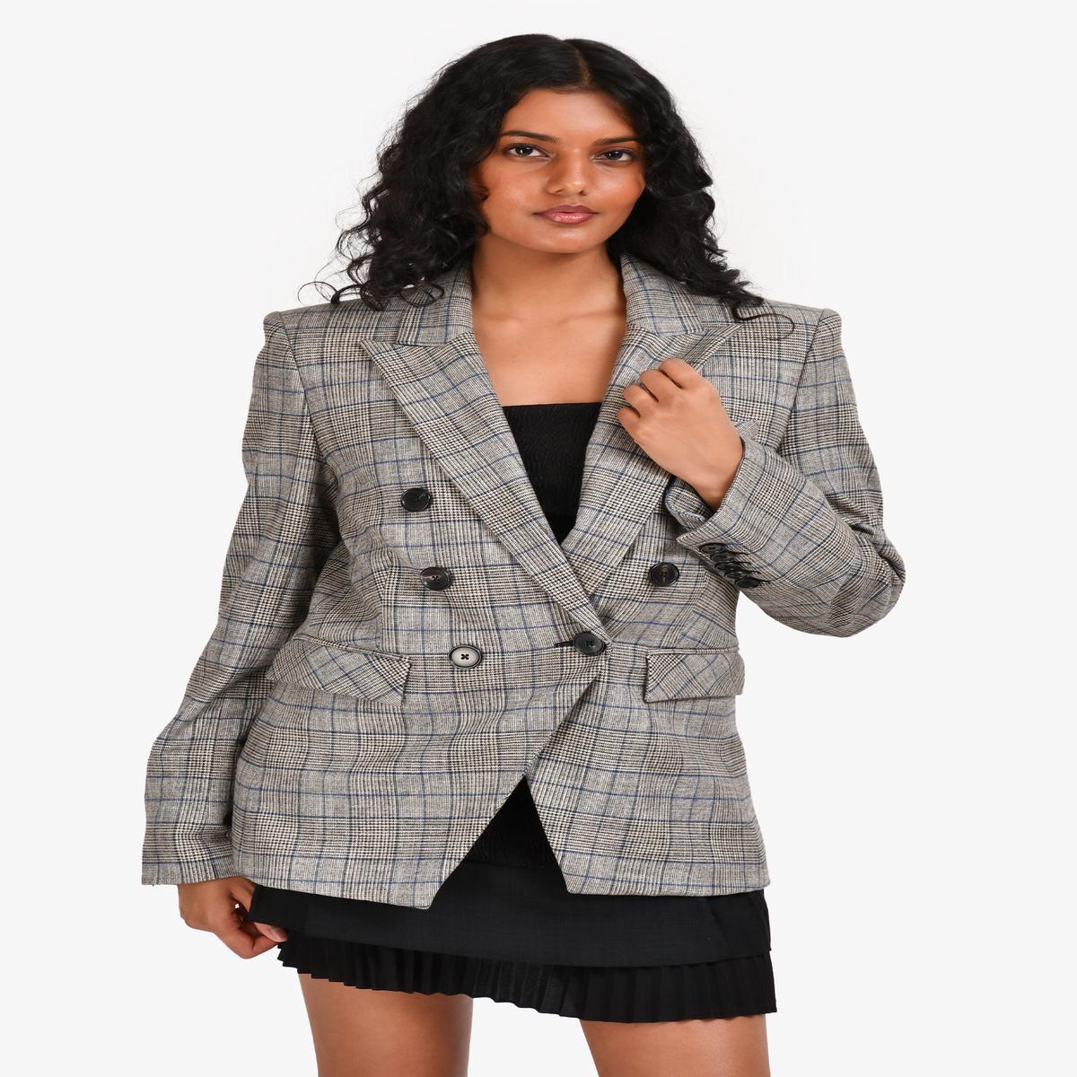 Veronica Beard Beige/Blue Houndstooth Plaid Blazer Size 6