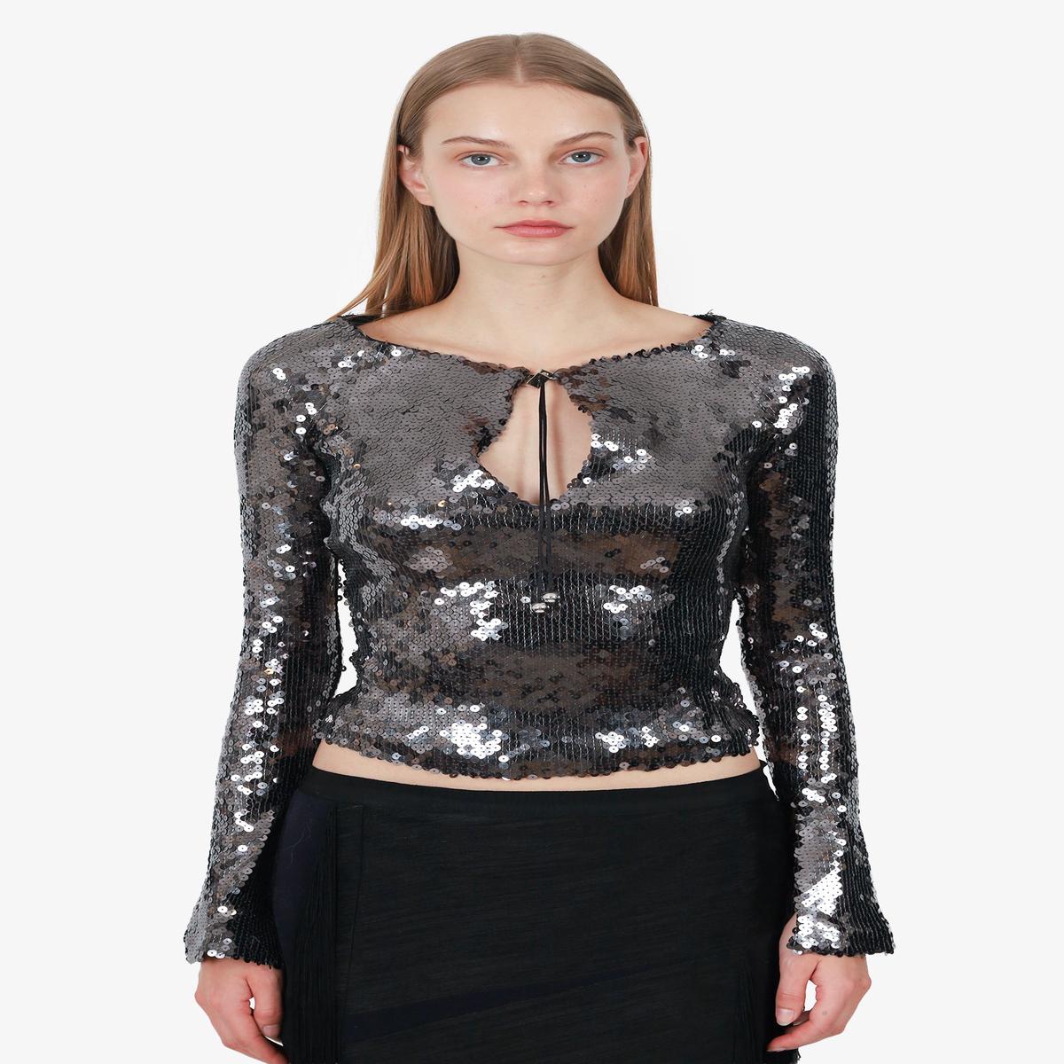 16ARLINGTON Gray Sequin Solare Long Sleeve Top Size 6