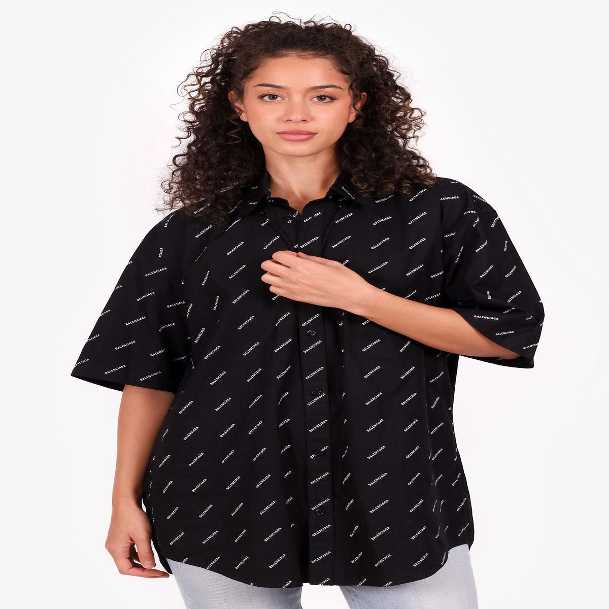 Balenciaga Black All Over Logo Print Short Sleeve Shirt Size 38