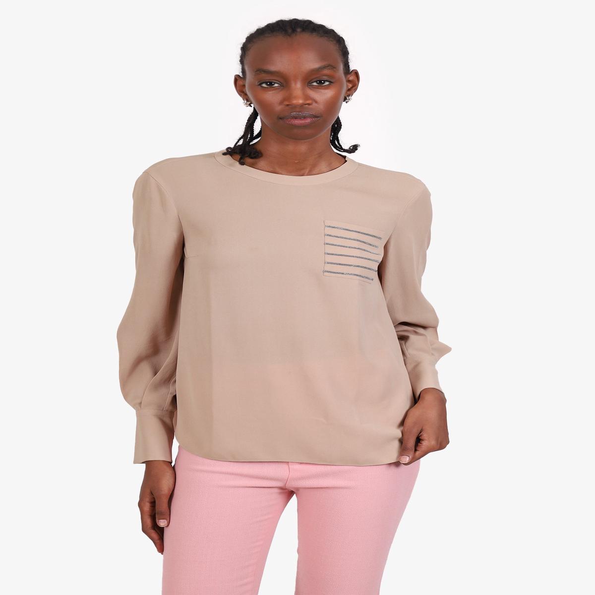 Brunello Cucinelli Beige Silk Long Sleeve Blouse with Monili Beaded Pocket Size XS