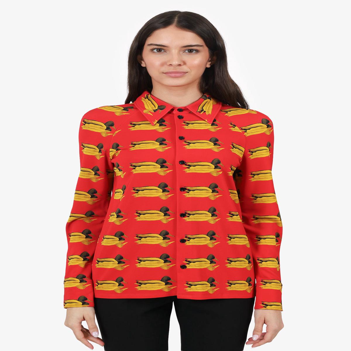 Burberry Red Duck Print Button Down Blouse Size 8