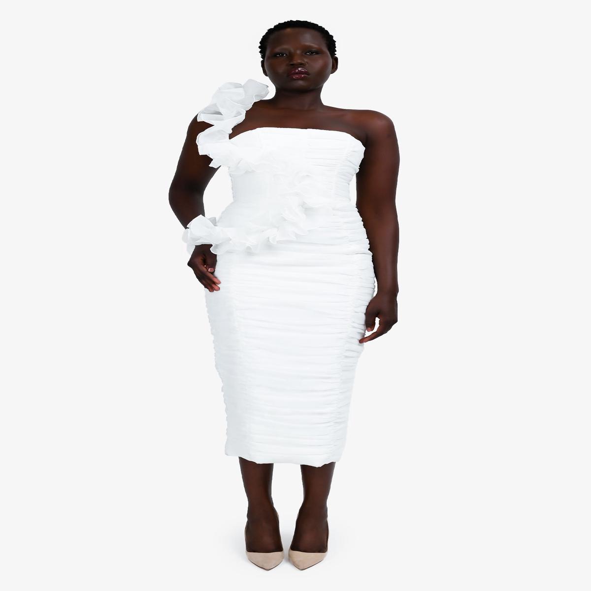 Eliya The Label White One Shoulder Ruched 'Vana' Midi Dress Size M