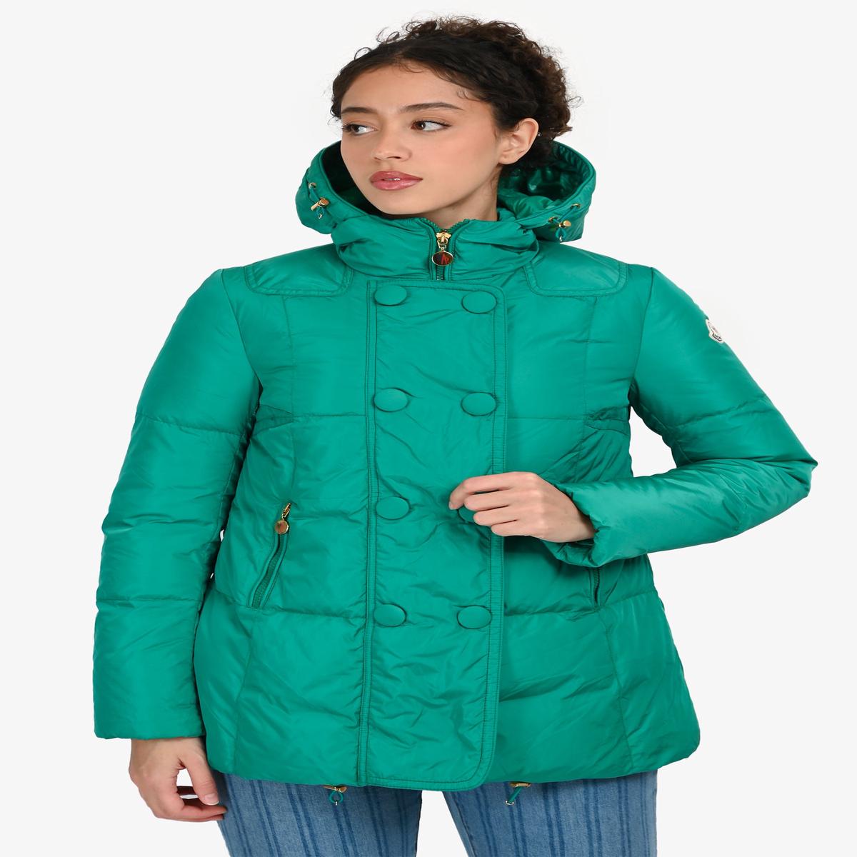 Moncler Green Button Detail Hooded Down Jacket Size 0