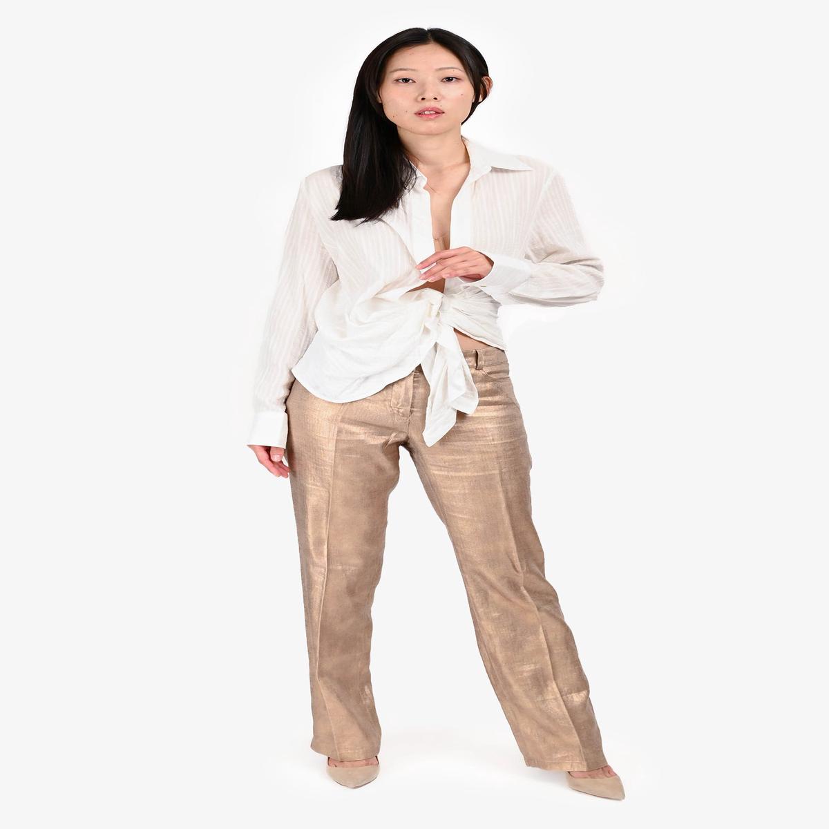Pre-Loved Chanel 2005 Gold Metallic Linen/Silk Trousers Size 38