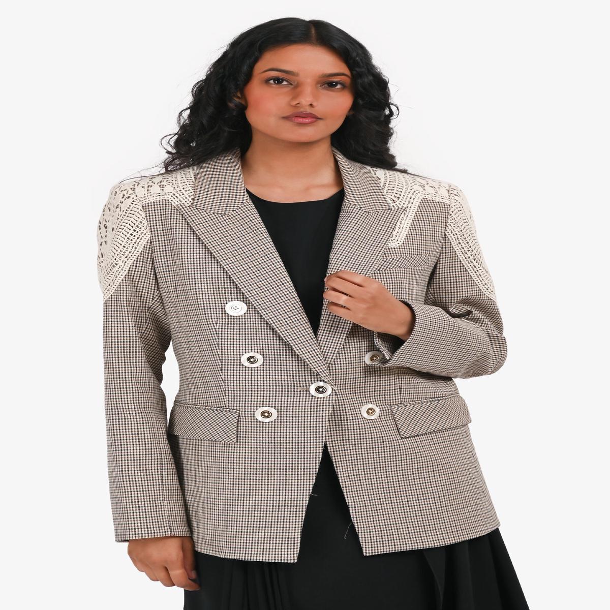 Veronica Beard Brown Houndstooth Lace Applique Double Breasted Blazer Size 10