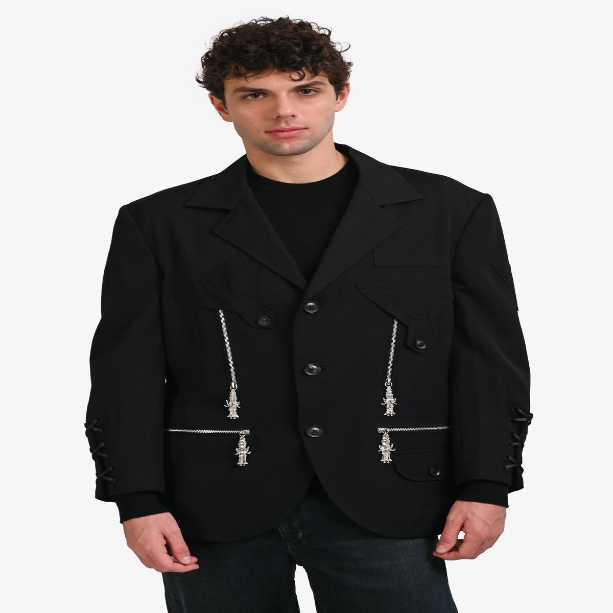 Yohji Yamamoto 2018 Black Wool Chain Embellished Blazer Size 4