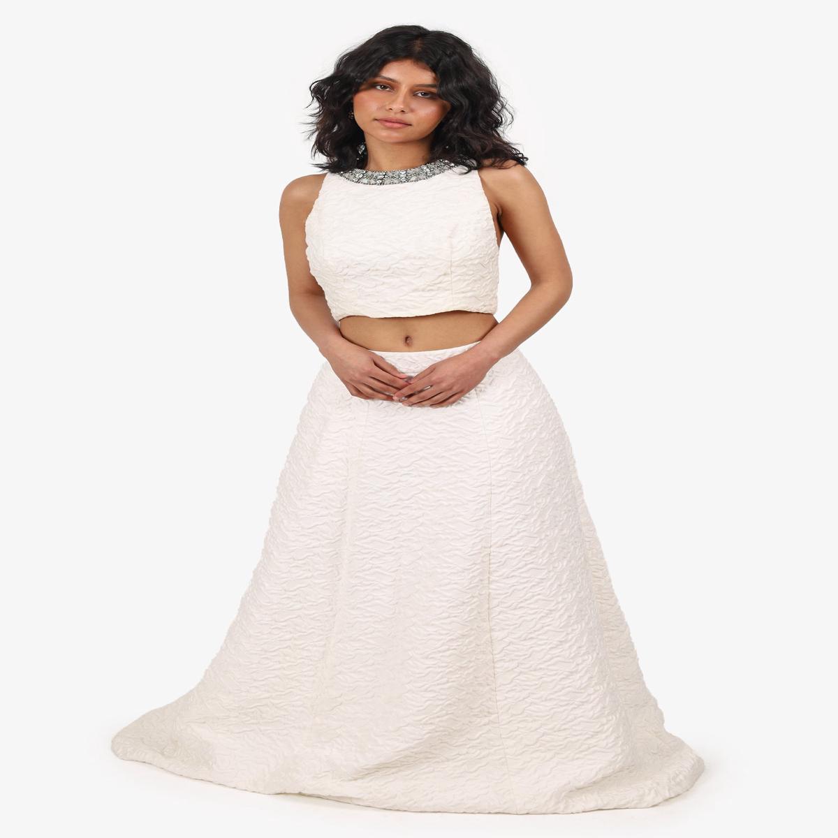 Alice + Olivia White Textured Maxi Skirt + Sleeveless Embellished Cropped Top Size 4