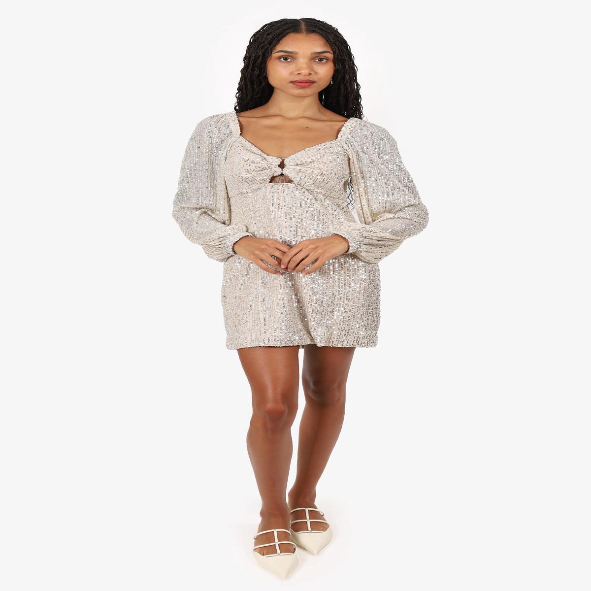 C/MEO Collective Silver Sequin Long Sleeve 'Lustre' Mini Dress Size M