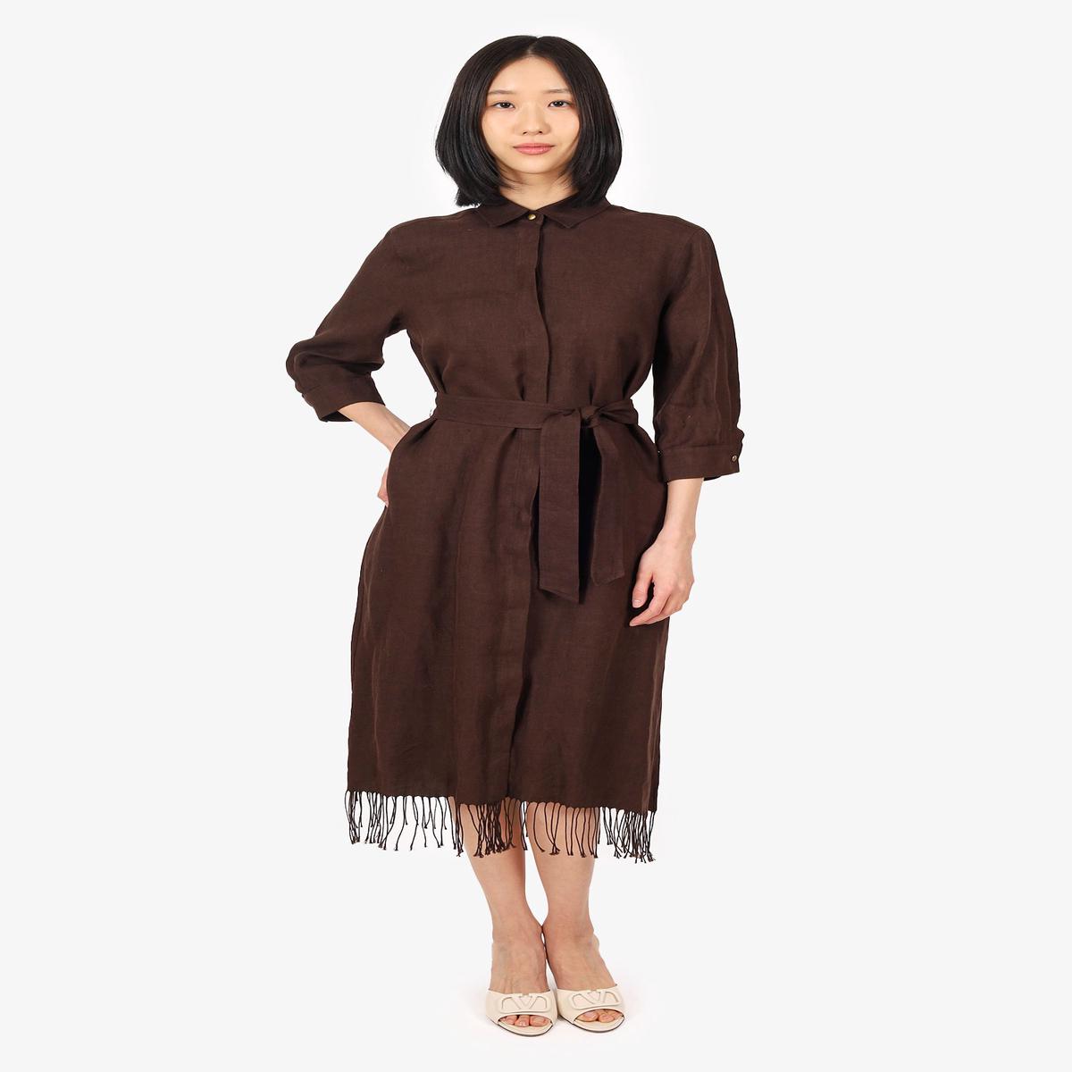 Max Mara Brown Linen Fringe Trim Shirt Dress Size 8